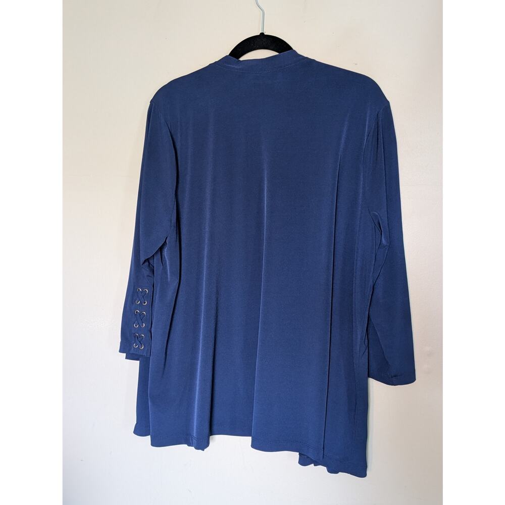 Susan Graver Navy Liquid Knit Cardigan with Sleeve Accents Nautical Spring - Picture 4 of 9